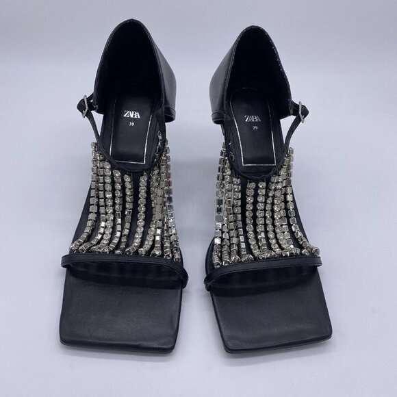 Zara 2020 Cruise Sandals 39 Sparkly Rhinestone Black Leather Square Toe Heels - Picture 9 of 16